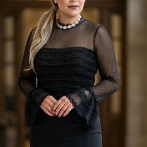 TADASHI Vintage Gothic Mesh & Tiered Lace Blouse Size M